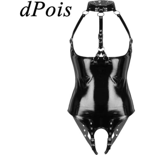 Women Wetlook Patent Leather Sexy Lingerie Halter Neck Bare Breast Crotchless Adjustable Buckle Leotard Bodysuit Femme One-piece