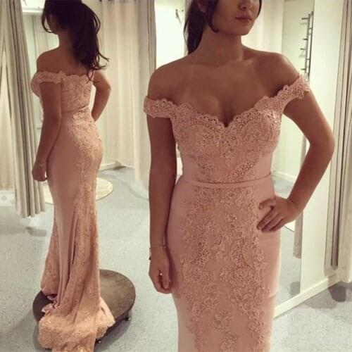 2020 New Arrival Pink Evening Dresses Mermaid Off Shoulder Crystal Beaded Long Sweep Train Plus Size Custom Party Dress Formal P