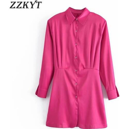 ZZKYT 2021 Women Spring Vintage Solid Single Breasted Mini Dress Fashion Lapel Collar Long Sleeve Female Casual Dresses Vestidos