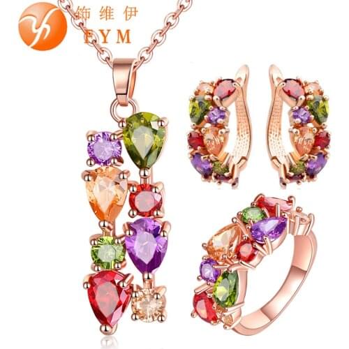FYM Rose Gold Color Jewelry Sets for Women Mona Lisa Colorful Crystal Necklace Ring Earrings Multicolor Jewelry Set Wholesale