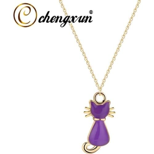 CHENGXUN Fashion Purple Cat Necklace Women Girls Lovely Animal Charm Kitty Cats Fashion Jewelry Gold Necklace Collier s