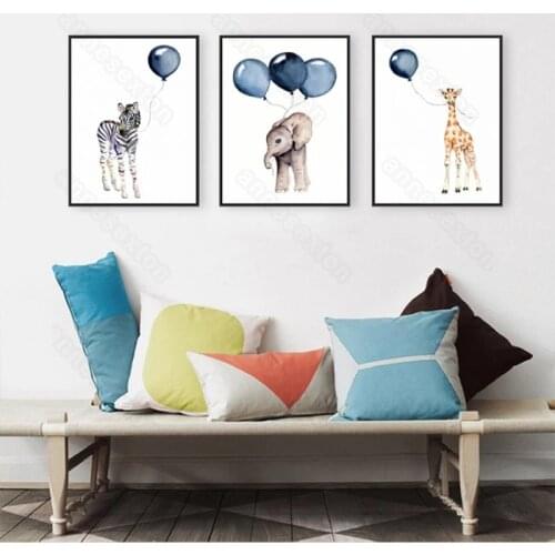 Modern Style Canvas Painting Poster Print Blue Balloons Cartoon Animals Zebra Giraffe Elephant for Nursery Rooms Wall Decoration
