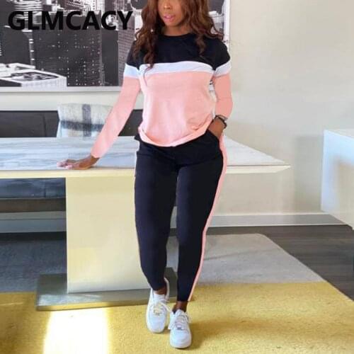 Two Piece Set Outfit Women Long Sleeve Colorblock Top & Pant Comfort Lounge Wear