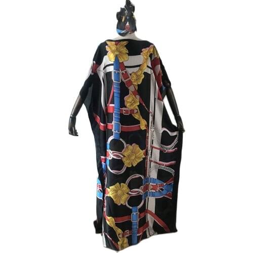 New Style Womens Fashion African Clothes Dashiki Nigeria Robe Free Size SILK Front and Back Print Loose Long Dress with Scarf