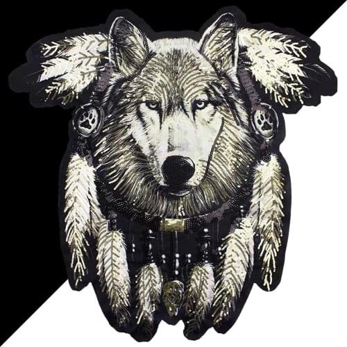 Oversized fashion beads embroidered sequin applique clothing accessories wolf head applique sewing DIY supplies