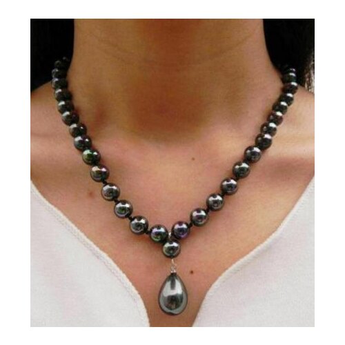 New Arrival Favorite Pearl 8mm Round Bead Bright Black Natural South Sea Shell Pearl 12mm Pendant Necklace Clasic Women Jewelry