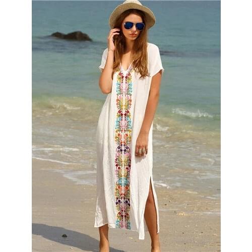 New Arrivals Beach Cover up Rayon Embroidery Swimwear Ladies Vintage Pareo Kaftan Beach Swimsuit Robe de Plage Beachwear #Q18