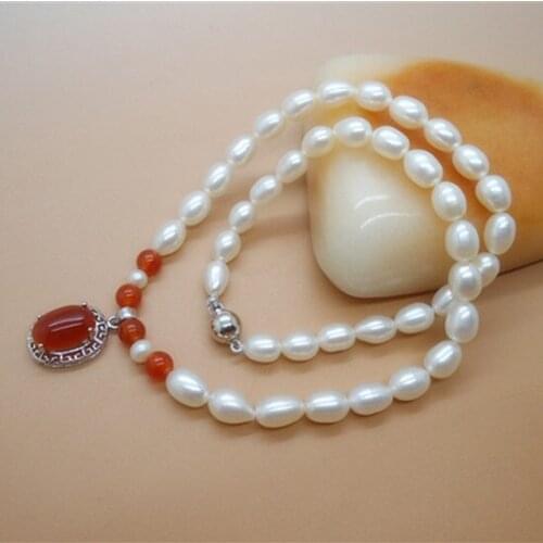 Eternal wedding Women Gift word 925 Sterling real New 7-8 mm natural pearl necklace, stone pendant, authentic send mother