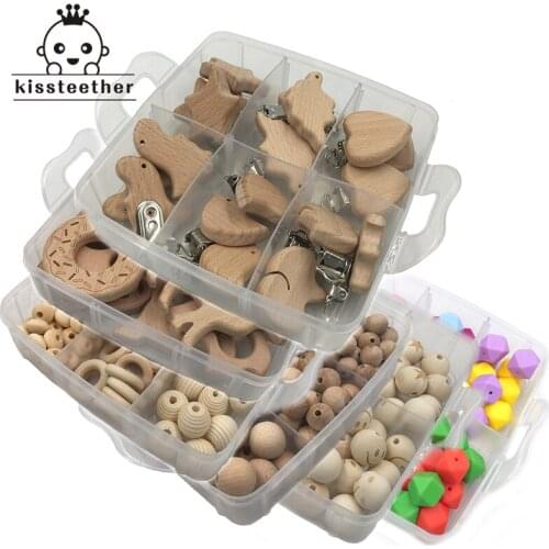 Baby Teether 6 Boxed Silicone Hexagon Beads Wooden Animal Teether Pacifier Clip Wood Rings DIY Baby Teething Necklace
