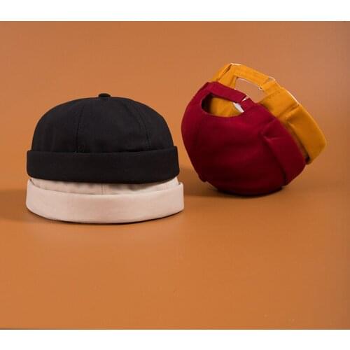 Japanese Men Women Skullcap Sailor Cap Embroidery Warm Rolled Cuff Bucket Cap Brimless Hat Solid Color Adjustable Cotton Hats