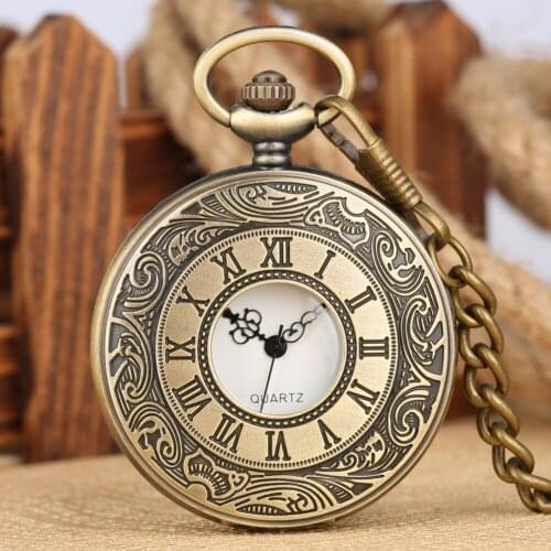 Vintage Bronze Steampunk Pocket Watch Hollow Out Roman Number Antique Clock Fob Necklace Chain Men Women Gift Relogio De Bolso
