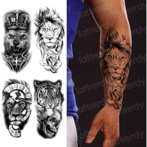 Waterproof Temporary Tattoo Sticker Lion Queen Crown Animal Tatto Flash Tatoo Fake Tattoos Sleeve Leg Arm for boys Men Women