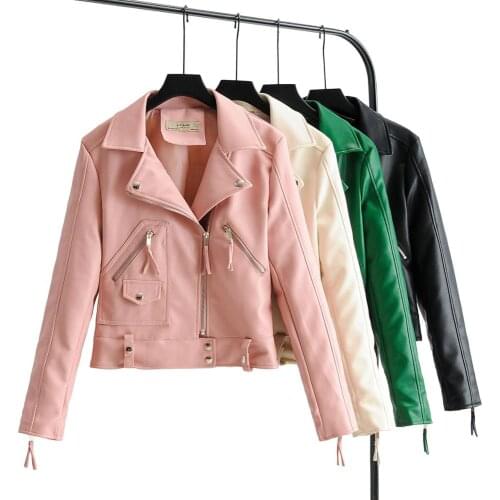 Female Long Sleeve Pu Zippers Button Biker Punk Streetwear New Autumn Winter Women Green Faux Leather Jackets and Coats