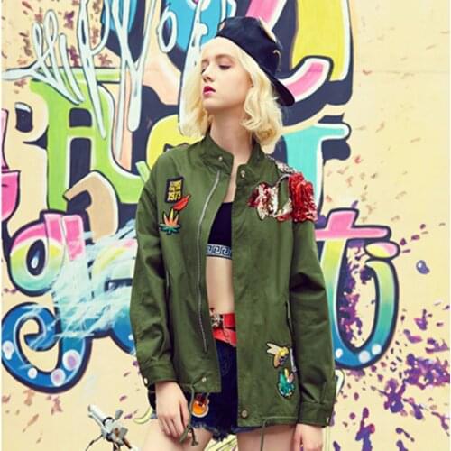 Fashion Army green Stand collar Street Sequins Flower Pocket women loose coat windbreaker Embroidery long windbreaker jacket