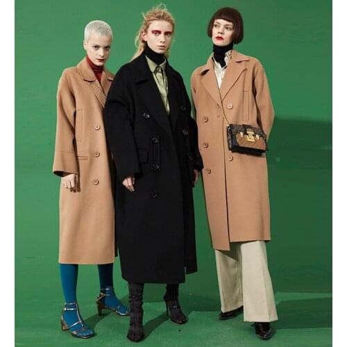 British style thickened black suit shape double-sided cashmere coat womens loose medium length winter 2021