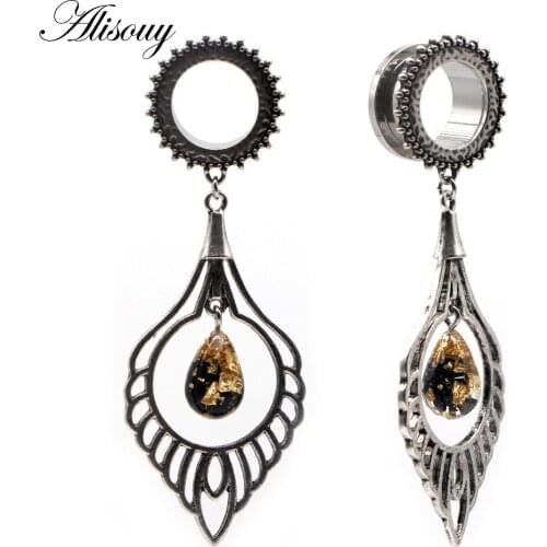 Alisouy 2pc Flesh Retro Ear Tunnels and Plugs 6-30mm Stainless Steel Dangle Gauges Earring Expander Set Piercings Body Jewelry