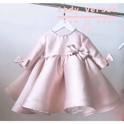 Long Sleeve Satin Girls Fist Communion Dresses Long Sleeve Infant Toddler Girls Dresses Big Bow Back Baby Size Custom