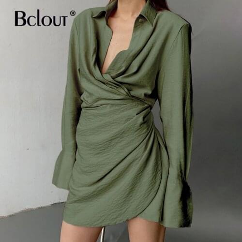 Bclout Green Vintage Slim Pencial Dress Women 2021 Sexy Long Sleeve Short Autumn Dresses Pleated Across Robe Female New Zipper