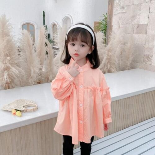 Children Girl Casual Blouse Cotton Solid Long Sleeves Shirt Tops Lapel Button Autumn Spring Kids Clothing For Girl 3-4Years