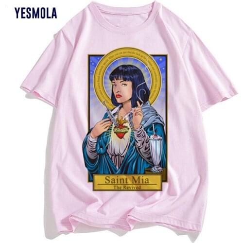 YESMOLA Saint Mia Print T-shirt Women Vintage Style Pink Tops Casual Tshirt Tee Casual Harajuku Aesthetic Female T Shirt