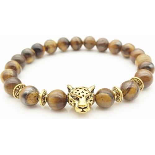 FYJS Unique Light Yellow Gold Color Leopard Head Conect 8 mm Round Beads Tiger Eye Stone Bracelet Black Agates Jewelry