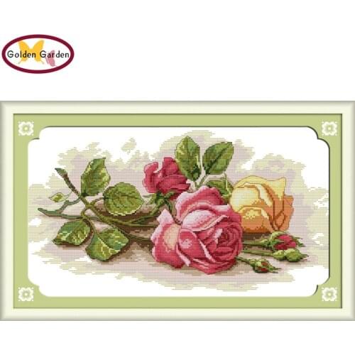 GG Colorful Rose Flower Cross Painting Embroidery Needlework Sets Counted Print Canvas 11CT 14CT Cross Stitch Kit for Home Decor