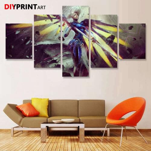 Game Poster Art Overwatchs Woman Mercy Wings 5 Pieces Wall Painting Poster Pictures for Living Room Home Decoration