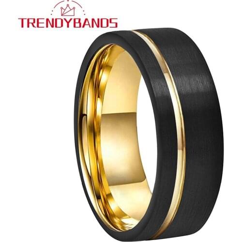 Men Women Yellow Gold Wedding Band Tungsten Ring Width 8MM With Offset Groove And Comfort Fit