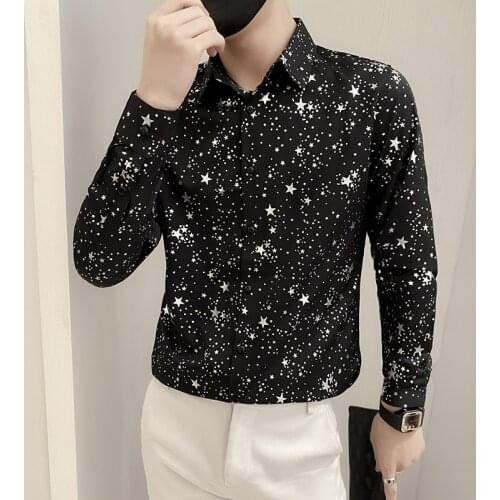 Korean Autumn New Five-Pointed Star Hot Silver Printing Shirt Men Clothing 2021 Simple Slim Fit Long Sleeve Casual Social Shirts