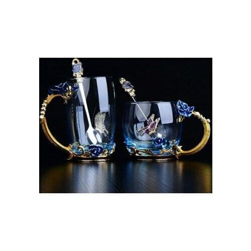 Red Rose Enamel Coffee cup Mug Crystal Glass Cups and mugs High-grade Tea Cup Drinkware Gift Couple Mug For Lover Tea Set