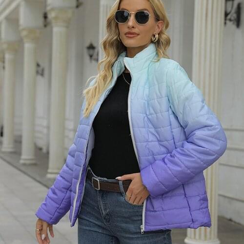 Gradient Printed Long-sleeved Cotton-padded Jacket Outdoor Zipper Warm Loose Coats Women Fashion Winter Coats Tops Female Coat