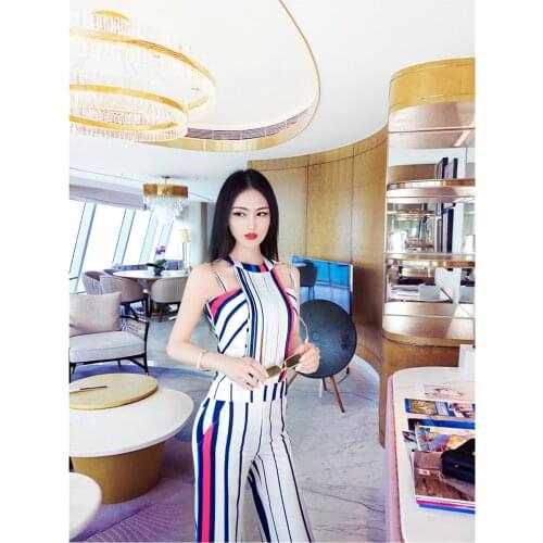 New summer office lady Fashion casual brand female women girls skinny sleeveless striped suits sets clothing