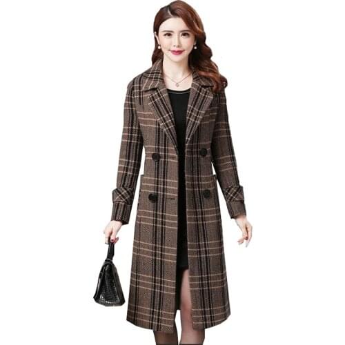 Autumn Winter Plaid Woolan Coats Long Outerwear Woman Fashion Plus Size Mom Wool Windbreaker Thick Suit Collar Woolen Coat Women