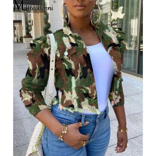 Autumn Women Sexy Ripped Denim Jackets Fashion Camouflage Casual Short Jean Puff Sleeve Winter Coat Streetwear Plus Size