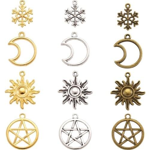 Pandahall 96pcs/set Alloy Pendants Charm Moon Sun Star Snowflake Tibetan Style for Jewelry Making DIY Bracelet Supplies