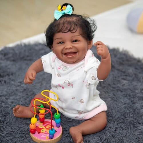 49CM Full Body Silicone baby Reborn doll African American Black Dark Skin Sweet Happy girl bonecas Waterproof Bath Toy