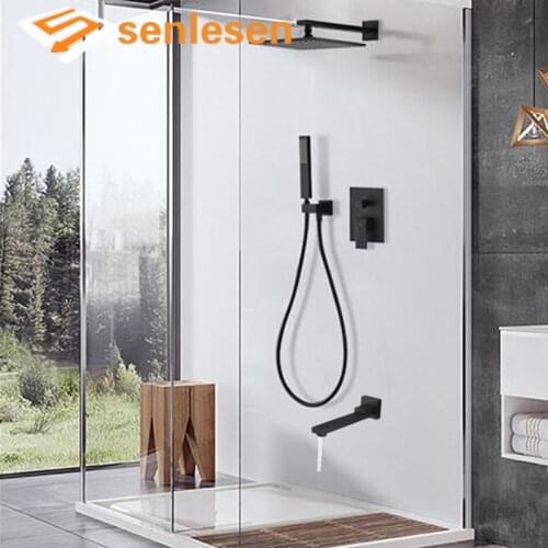 Senlesen Bathroom Shower Faucet Black Brass 8/10 Inch Shower Head Hot and Cold Mixer Tap Bath Faucets Wall Support