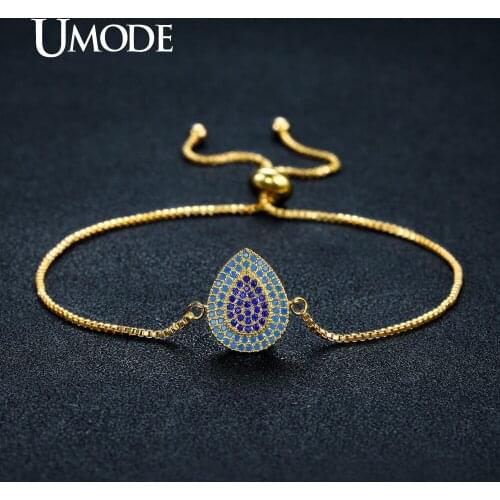 UMODE Charm Water Drop Blue Crystal Cute Bracelet for Women Gold Color Leaf Party Wedding Jewelry Armbanden Voor Vrouwen UB0100