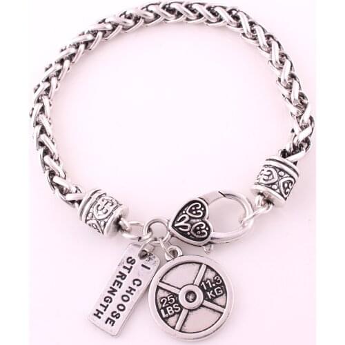 I CHOOSE STRENGTH 25LBS 11.3 KG antique sliver plated sports charm bracelet link chain