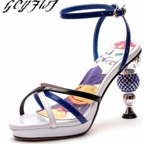 Women Sandals Crystal Diamond Heel Platform 3D Printed Sandals Ladies Shoes Open Toe Buckle Strap Mixed Colors Sandalias Mujer