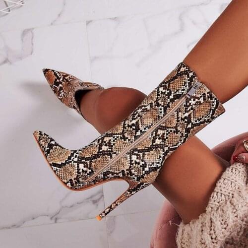 IPPEUM Bottine Femme Stiletto High Heels Women Mid-calf Boots Sexy Pointed Toe Zipper Snake Print Shoes For Women Designer Shoes