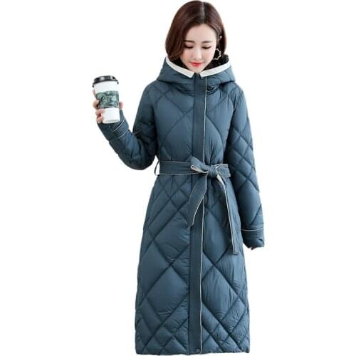 Womens Long Down Jacket Parka Outwear With Hood Quilted Coat Female Cotton Clothes Warm Fashion Top Quality Belted jacket