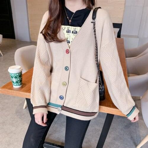 Patchwork Big Pocket Sweater Women Knitted Jacket Coat Jumper Ladies 6 Color V-Neck Long Sleeve Knitting Cardigan Tops Female