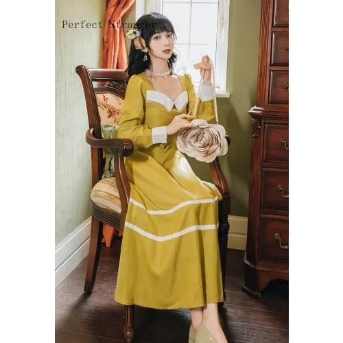 2021 Autumn New Arrival High Quality Retro French Style Long Sleeve Square Collar Women Long Dress