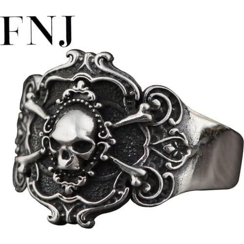 FNJ 925 Silver Ring Punk Skull Adjustable Size 100% Original S925 Solid Silver Rings for Women Jewelry Fine