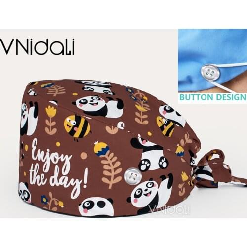 2021 panda Printing whith button Scrub Caps surgery Scrubs Hat surgicals hat womens and men operating room hat veterinary cap