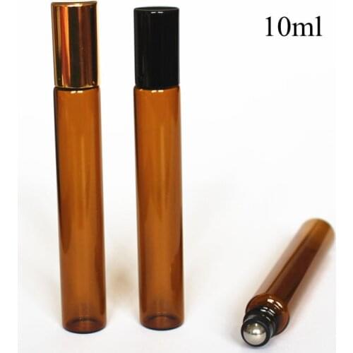 50pcs/lot 10ml Amber Glass Roll on Bottle Thin Glass Essential Oil Bottle wih Metal Roller Ball Aromatherapy Glass Vials