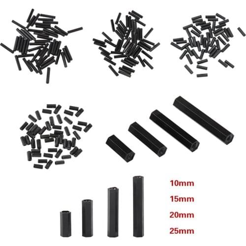 50Pcs M2 10/15/20/25mm Black Hex Nylon Standoff Spacer Column Flat Head Double Pass Nylon Plastic Spacing Screws Kit