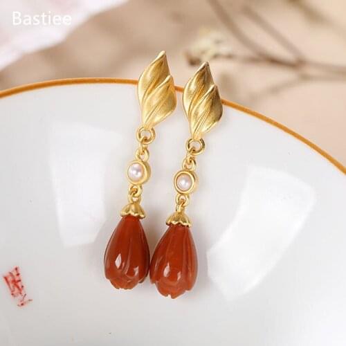Bastiee Earings Fashion Jewelry Geometric Silver 925 Jewelry Vintage Korean Earrings Red Agate Sterling Silver
