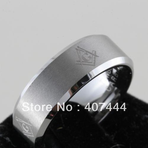 Free Shipping Wholesales Cheap Price Jewelry USA Hot Sales 8MM MASONIC Brushed Center Beveled Tungsten Carbide Ring SIZE 6-13